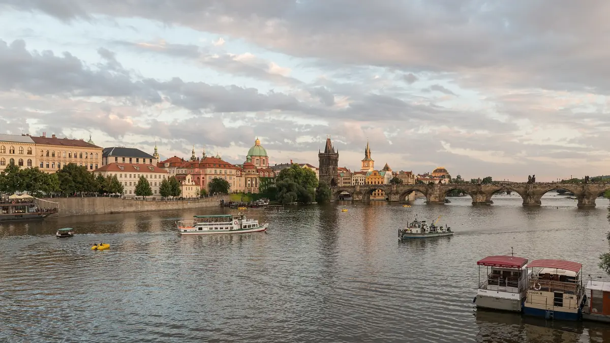 Charles Bridge across the Vltava with Prague Castle behind