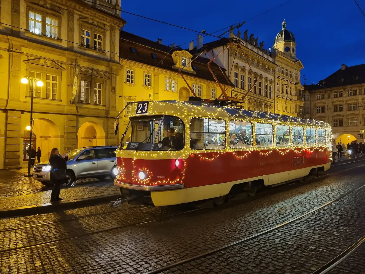 A tram in Prague at night